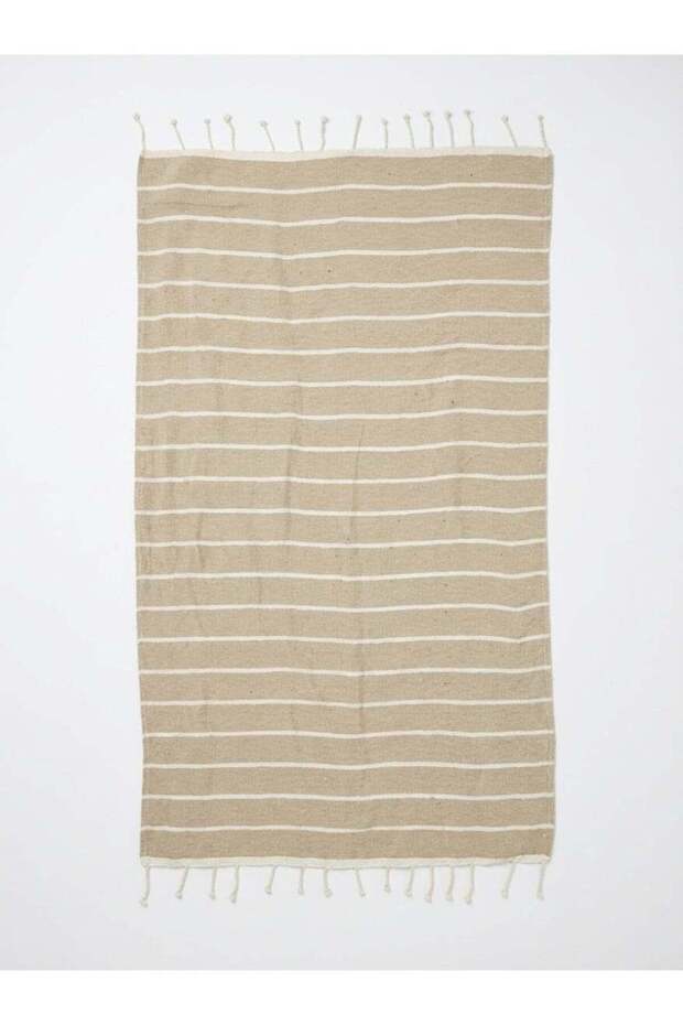 90x180 cm Polycotton Light Beige Striped Turkish/Fouta Towels With Hand Knotted Fringes For Beach B