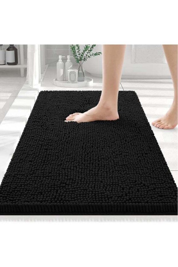 Chenille Shaggy Bath Mat, Extra Soft Absorbent Non-Slip Bathroom Rug, Machine Washable, Black 24x16