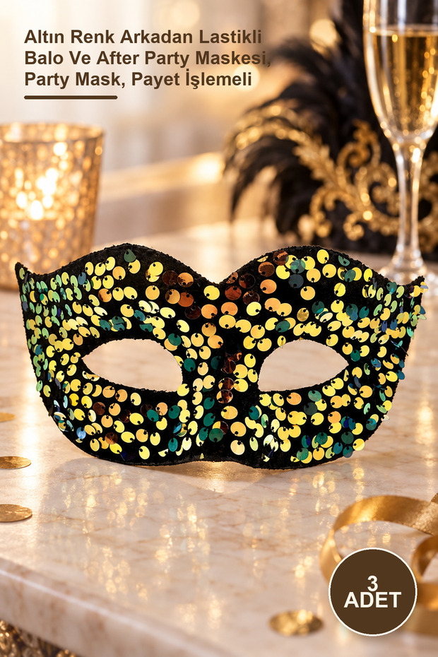 3 Pieces of Sequined Masks – Gold Color with Elastic Backing, Prom and after Party Mask, Party Mask, Sequin Embroidered