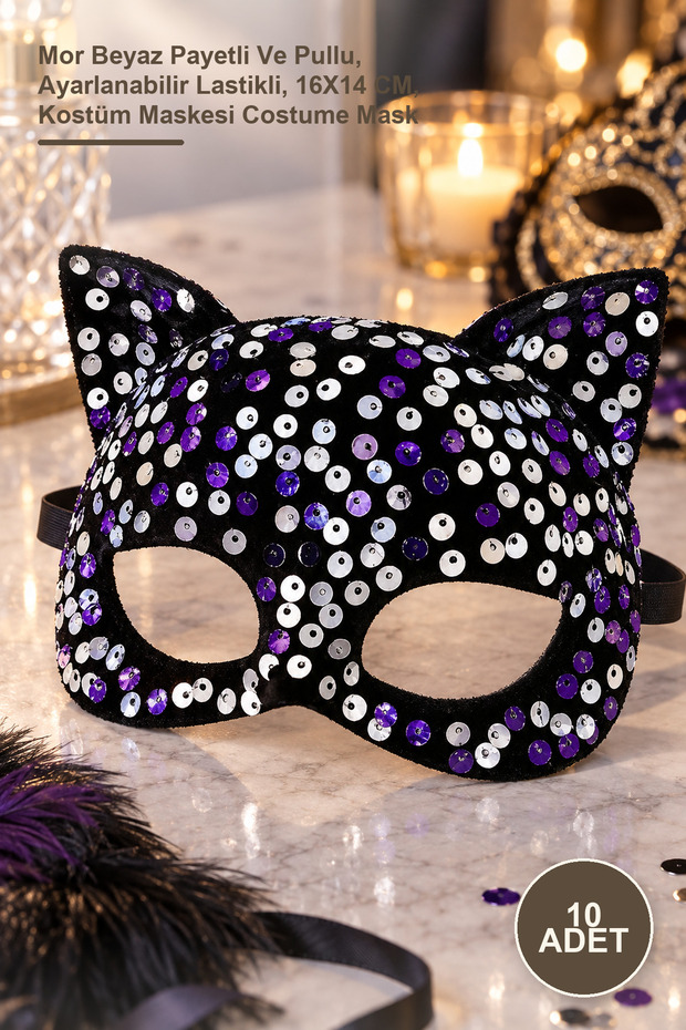 10 Pieces Black Velvet Party Mask – Purple and White Sequined and Paillette, Adjustable Elastic, 16X14 Cm, Costume Mask