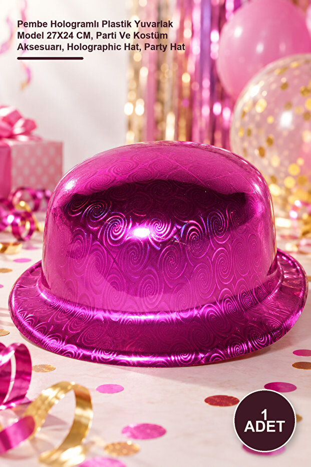 1 piece melon hat - pink holographic plastic round model 27x24 cm, party and costume accessory, holographic hat, party hat