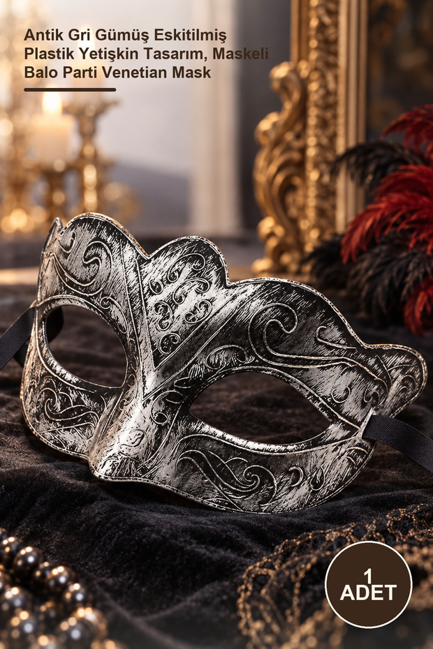 1 Piece Venetian Mask – Antique Gray Silver Distressed Plastic Adult Design, Masquerade Party Venetian Mask