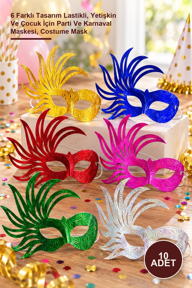 10 Colorful Cardboard Mask Set – 6 Different Designs Elasticated, Party and Carnival Mask for Adults and Children, Costume Mask