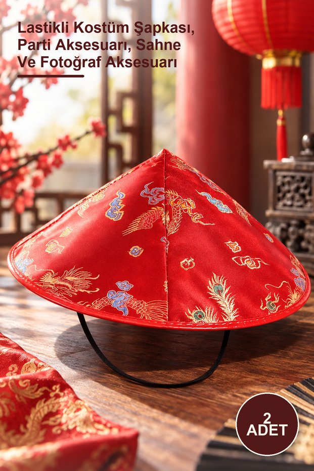 2 pieces red satin chinese pattern dragon embroidered hat - elastic costume hat, party accessory, stage and photography accessory
