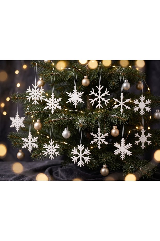 Set of 12 Snowflake Christmas Tree Ornaments White Decorative Pine Tree Ornament Set New Year Concept