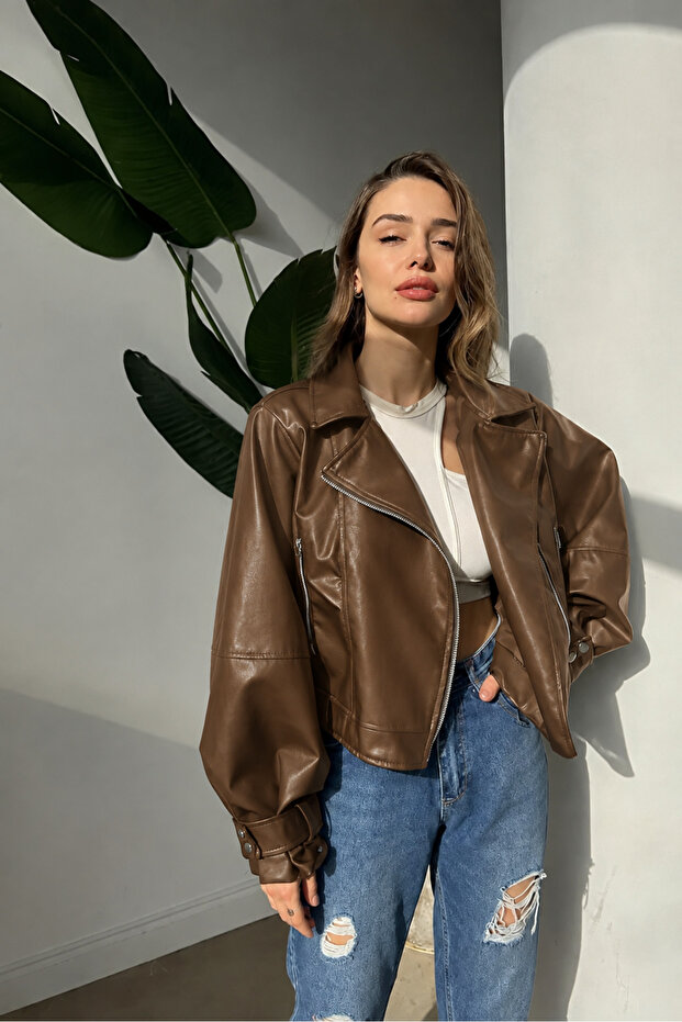 Black Balloon Sleeve Leather Jacket Tan