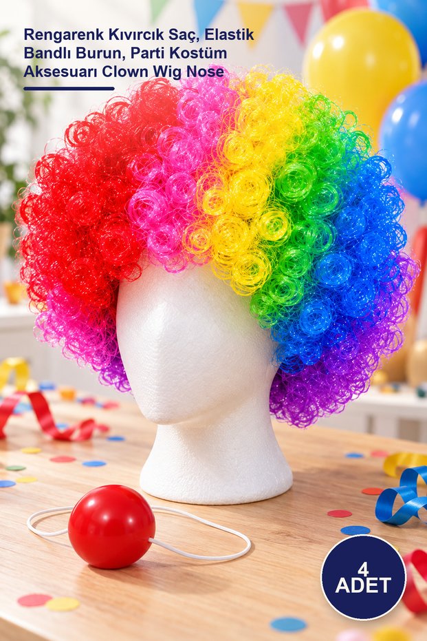 4pcs bonus hair and elastic plastic red nose set - colorful curly hair, nose with elastic band, party costume accessory clown wig nose