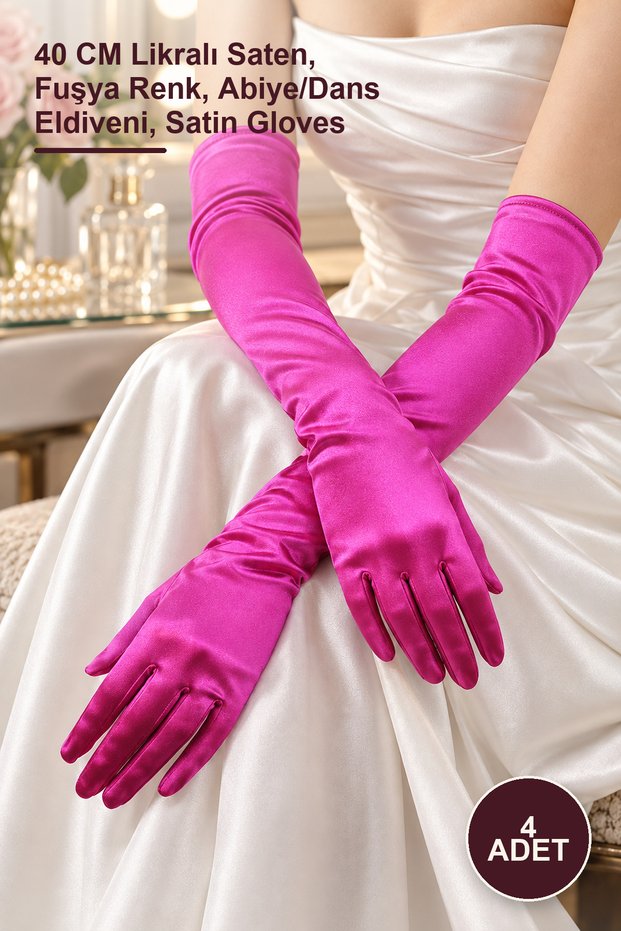 4 Pieces of Long Extra Shiny Satin Gloves – 40 cm Lycra Satin, Fuchsia Color, Evening Dress/Dance Gloves, Satin Gloves