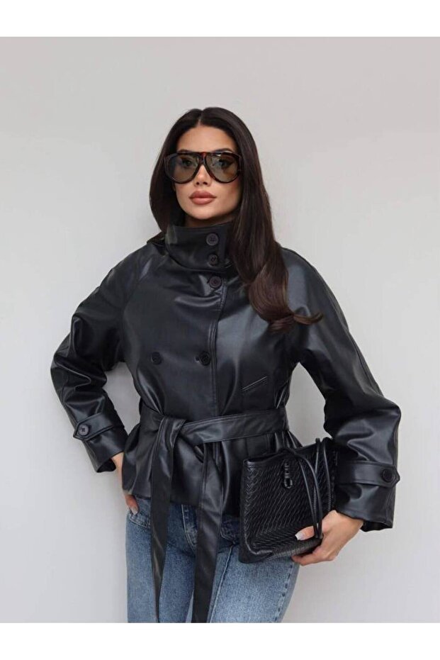 Women's Black Buttoned Stand Collar Leather Jacket with Belt at the Waist
