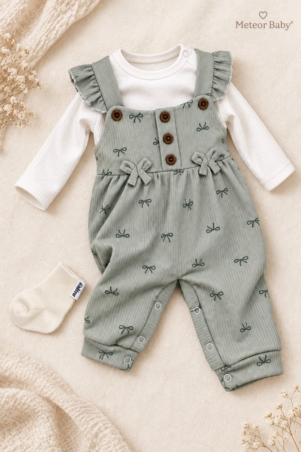 Baby Girl Set with Badili Bow Pattern, Suspender Salopet and Socks, 3-Piece Seasonal Set