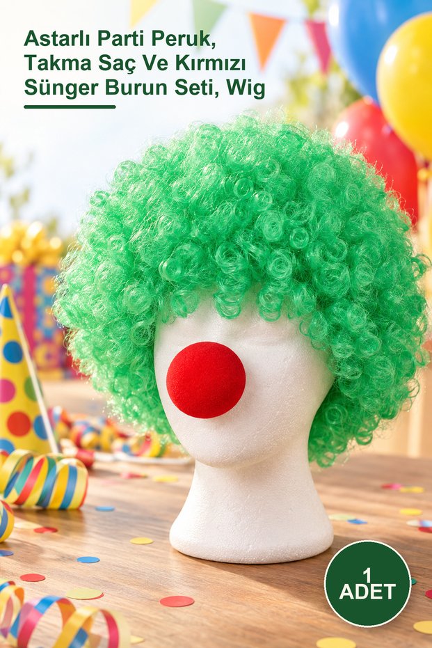 1pcs green curly afro wig - lined party wig, fake hair and red sponge nose set, wig