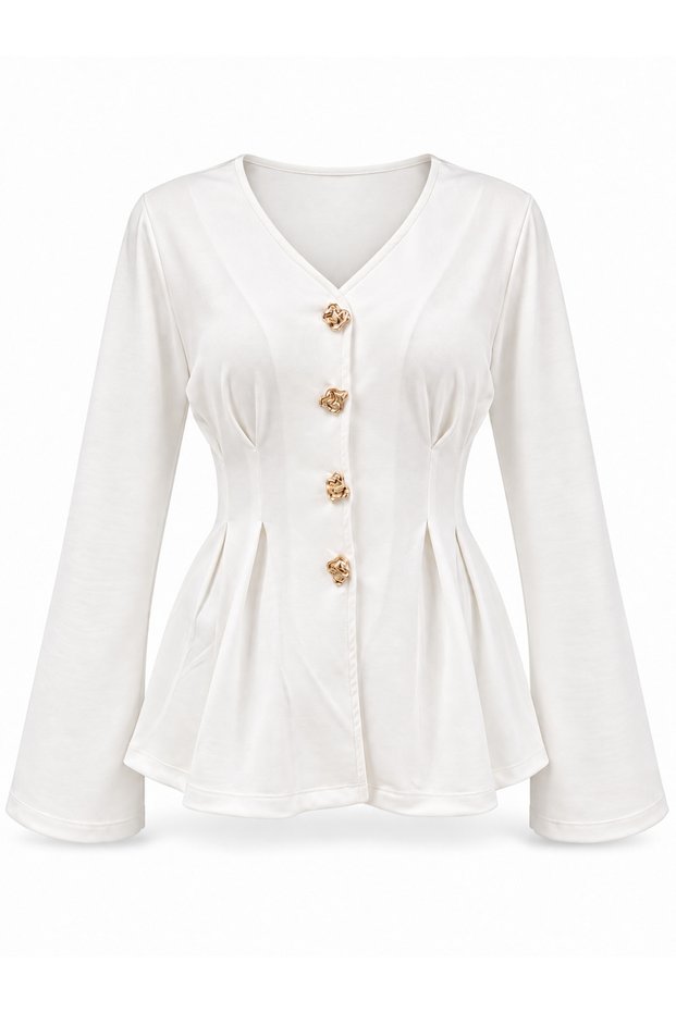Women's Modal Fabric V-Neck Buttoned Waist Detailed Spanish Sleeve Blouse 0258