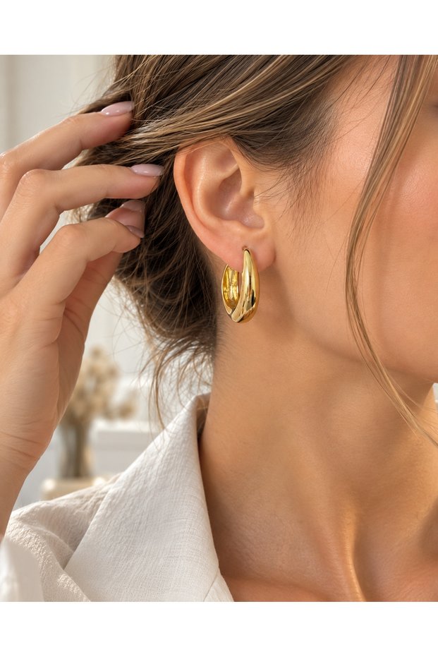 Gold Oval Drop Shape Hoop Earrings Shiny Gold Color Modern Curved Design Women's Earrings