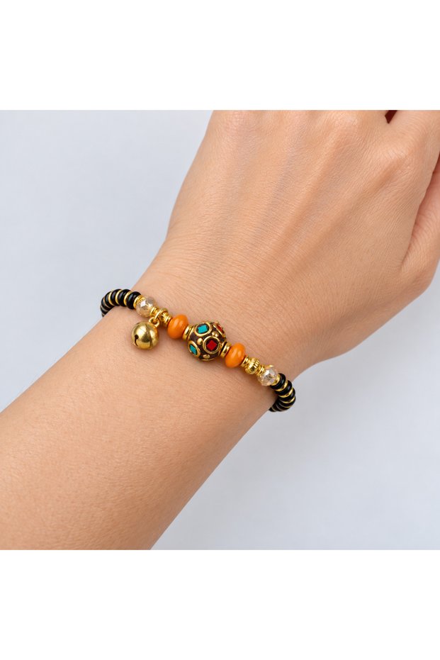 Black Beaded Orange Detailed Ethnic Figured Dangle Bracelet Accessory