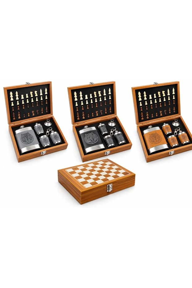 Wolf Patterned Leather Covered Flask Set with Chess Wooden Box Alk6478