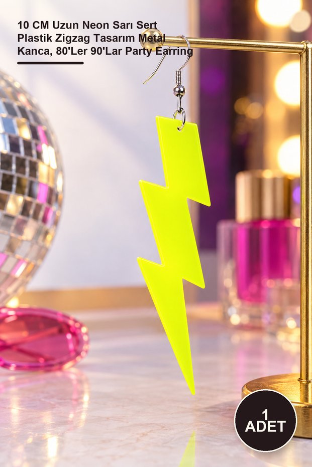 1Pc Retro Neon Lightning Earrings – 10cm Long Neon Yellow Hard Plastic Zigzag Design Metal Hook, 80S 90S Party Earring