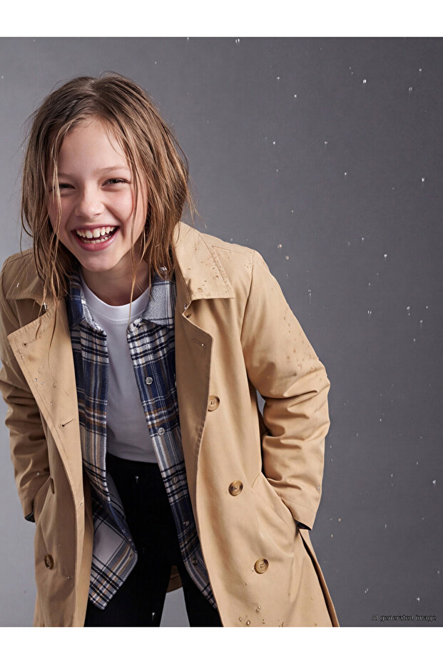 Vizyon New Season Beige Belted Girl's Trench Coat