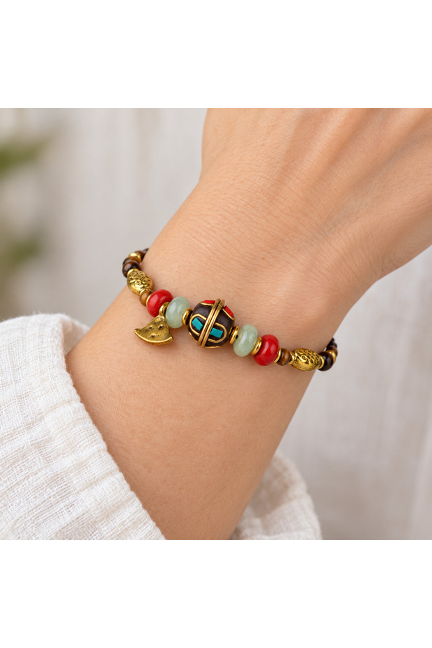 Bohemian Beaded Dangle Figure Detailed Handmade Knitted Bracelet Accessory