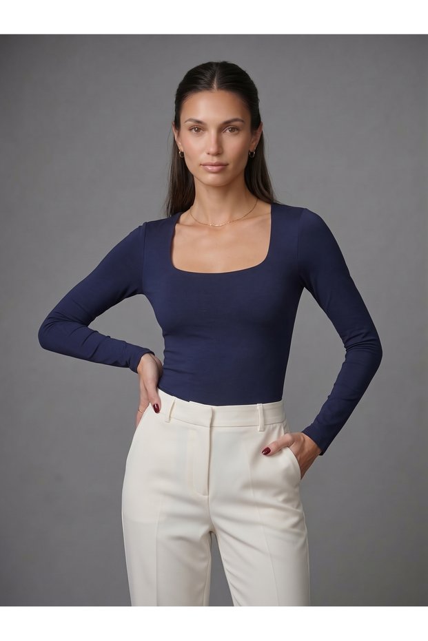 Women's Long Sleeve Square Neck Snap Slim Fit Stretchy Bodysuit
