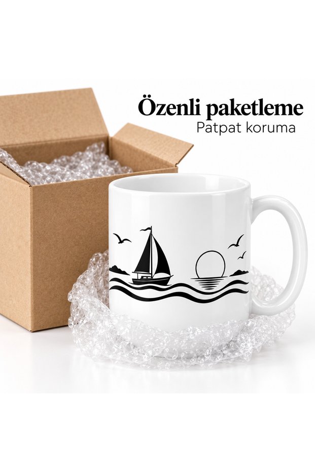 Sailing Boat Patterned Porcelain Mug 300 ml Marine Themed Black and White Coffee Tea Cup with Handle Gift for Sailor