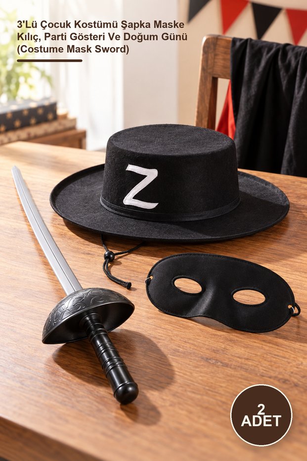2 Pieces Zorro Costume Set – 3-Piece Children's Costume Hat Mask Sword, Party Show and Birthday (Costume Mask Sword)