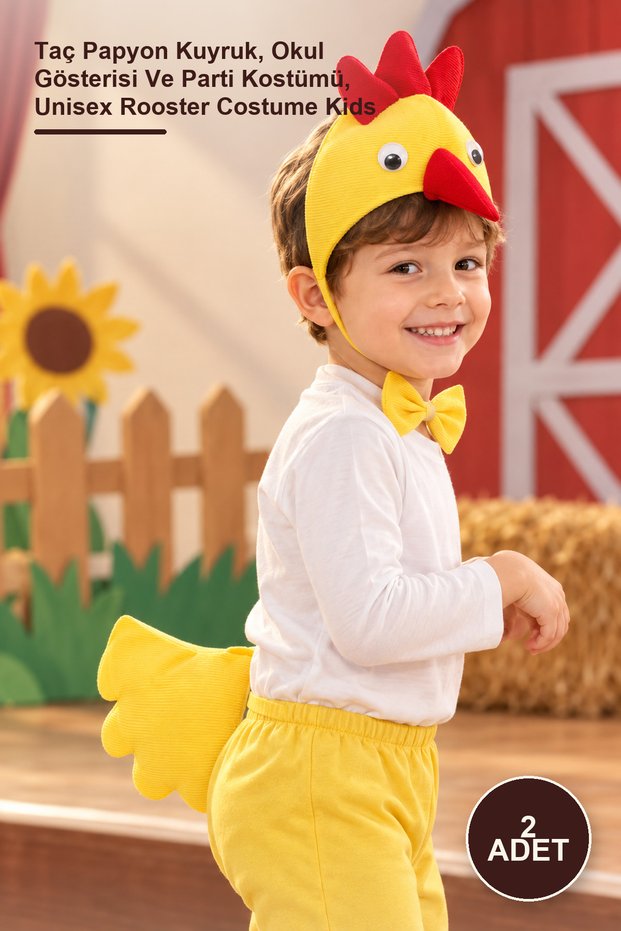 2 Pcs Children's Rooster Costume Set – Crown Bow Tie Tail, School Show and Party Costume, Unisex Rooster Costume Kids