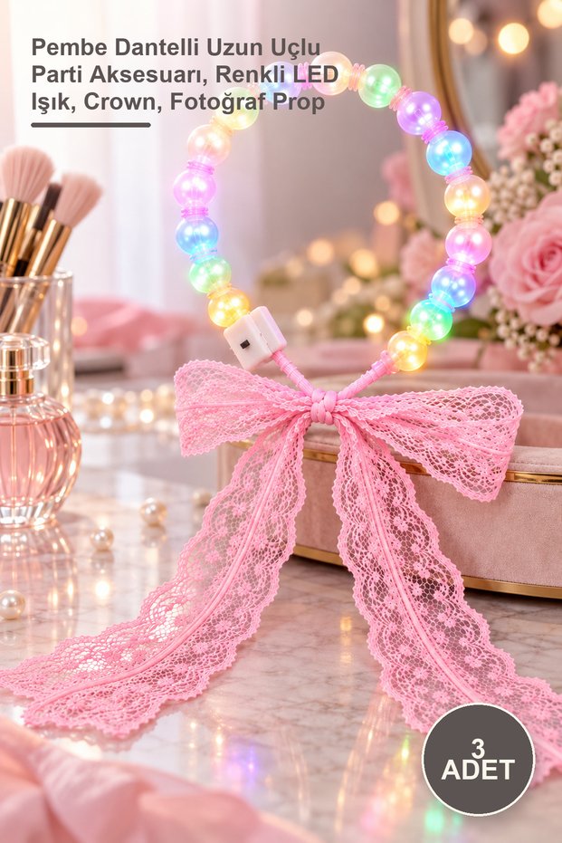 3Pcs Light up Pearl Crown – Pink Lace Long-Tipped Party Accessory, Colorful Led Light, Crown, Photo Prop