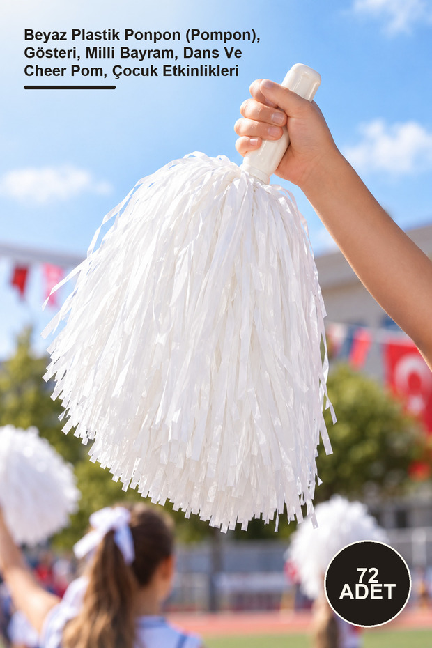 72 Pieces of School Cheer Pompoms – White Plastic Pompoms (Pom Poms), Show, National Day, Dance and Cheer Pom, Children's Events