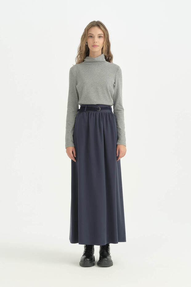 Drawstring A-Line Skirt - Navy Blue