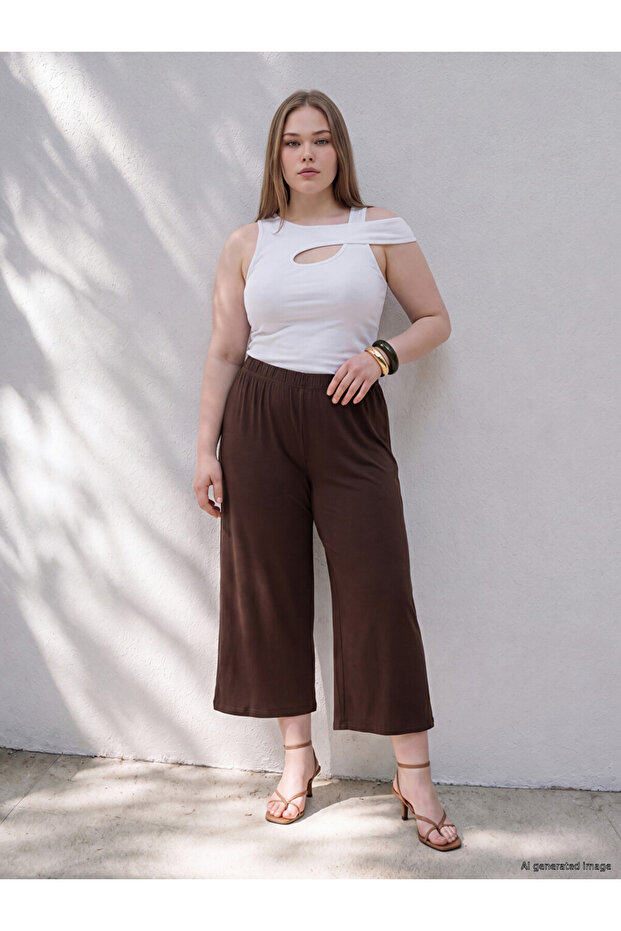 Vizyon New Season Brown Large Size Women's Capri with Elastic Waist