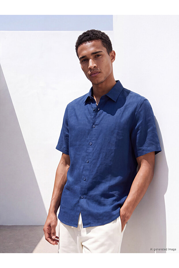 Özmarka New Season Blue Regular Fit 100% Linen Men's Shirt