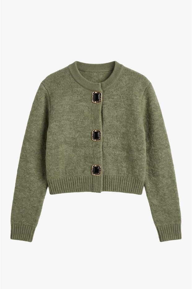 Khaki Buckle Detailed Snap Fastener Cardigan