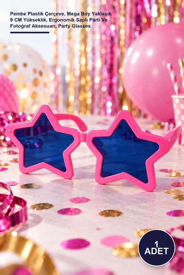 1 Piece Mega Type Star Party Glasses – Pink Plastic Frame, Mega Size Approximately 9 cm Height, Ergonomic Handle Party and Photography Accessory, Party Glasses