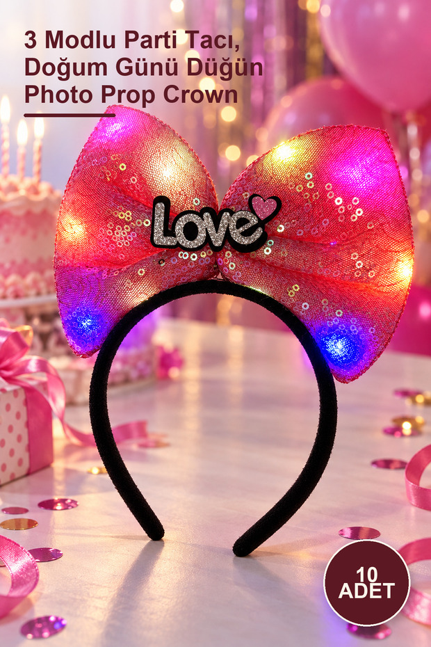 10 Pcs Led Light-Up Fuchsia Pink Bow Crown – Party Crown with 3 Modes, Birthday Wedding Photo Prop Crown