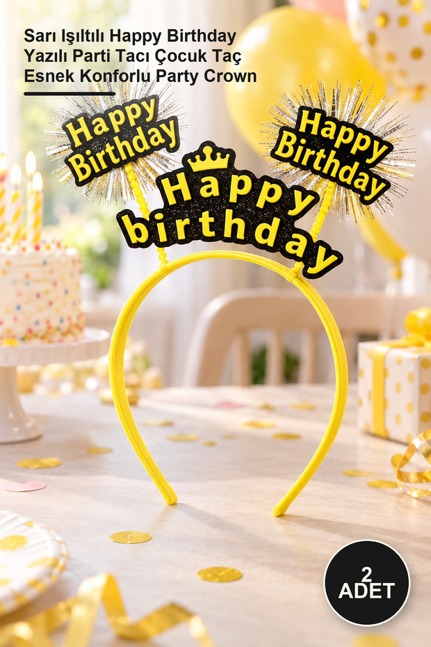 2 Pieces Birthday Celebration Crown – Yellow Sparkling Happy Birthday Written Party Crown Children's Crown Flexible Comfortable Party Crown