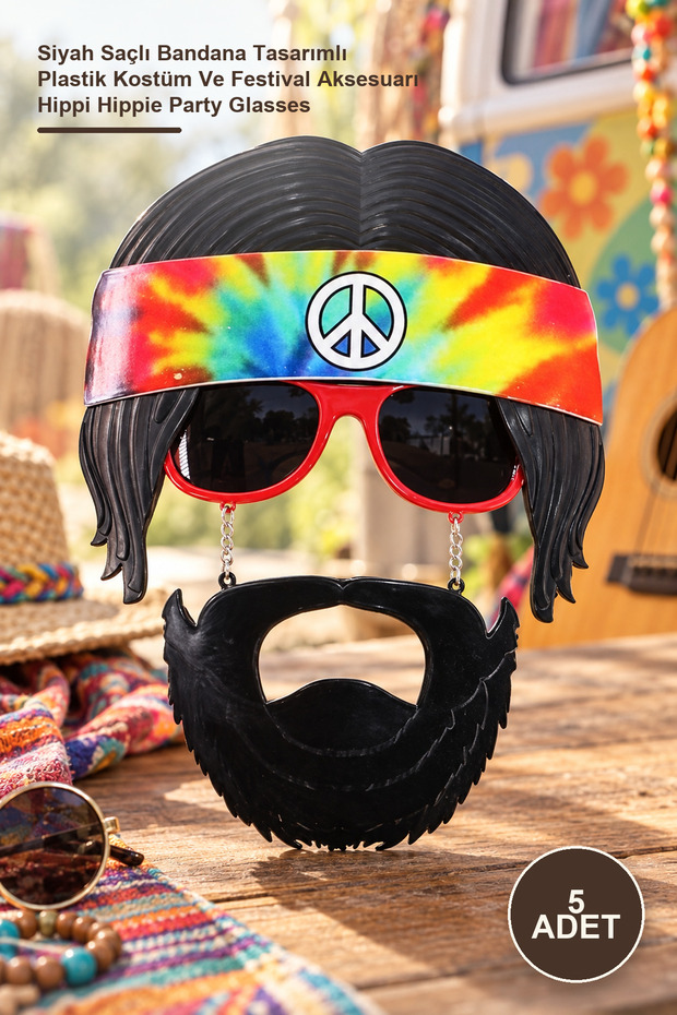 5 Hippie Party Glasses – Plastic Costume and Festival Accessory with Black Hair Bandana Design Hippie Hippie Party Glasses