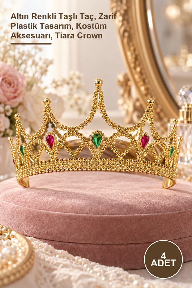 4Pcs Royal Crown Princess Crown - Gold Color Crown with Stones, Elegant Plastic Design, Costume Accessory, Tiara Crown