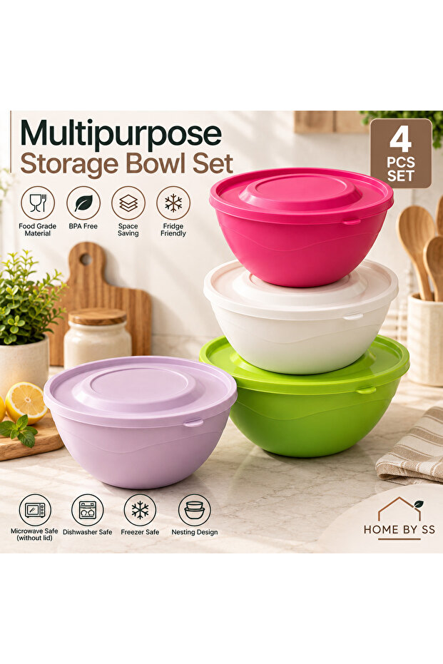 4-Piece 2.7L Multipurpose Food Storage Bowl Set with Lids, BPA-Free, Microwave, Freezer & Dishwasher Safe – Made in Turkey