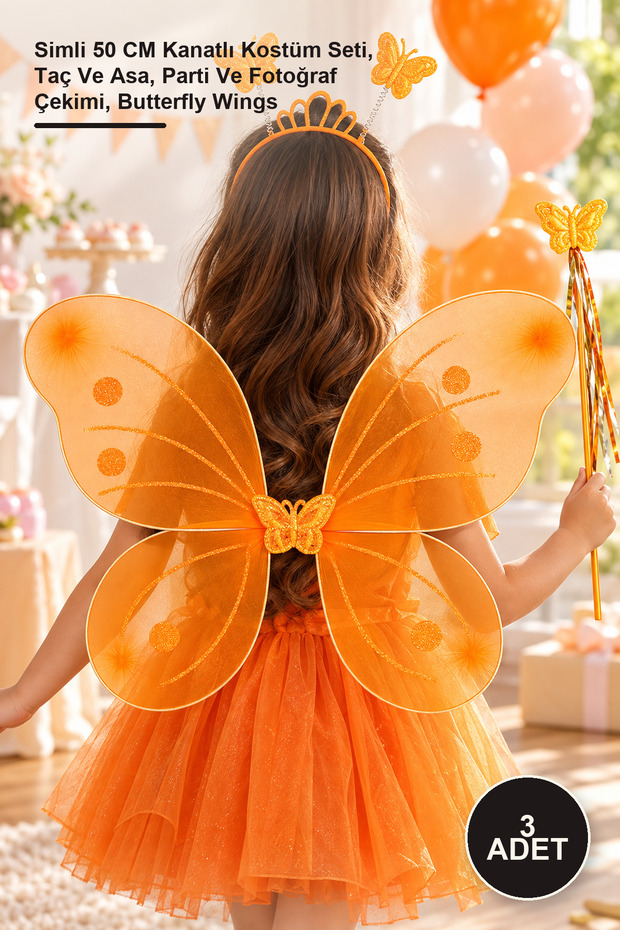 3 Piece Orange Butterfly Girl Set – Glittery 50 cm Winged Costume Set, Crown and Wand, Party and Photo Shoot, Butterfly Wings