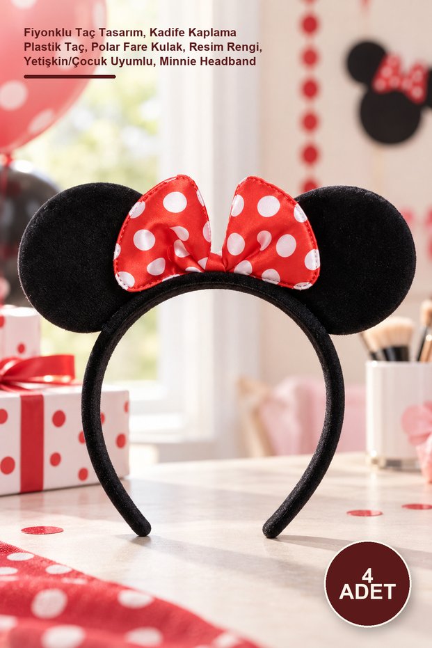4 Pieces Minnie Mouse Headband – Bow Crown Design, Velvet Covered Plastic Crown, Fleece Mouse Ear, Picture Color, Adult/Kids Compatible, Minnie Headband