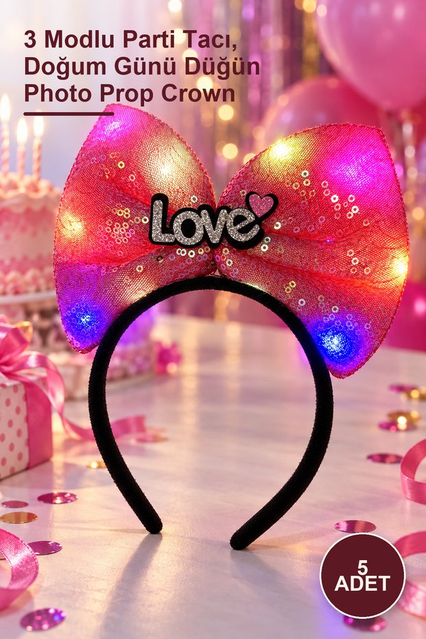5 Pcs Led Light-Up Fuchsia Pink Bow Crown – 3 Modes Party Crown, Birthday Wedding Photo Prop Crown