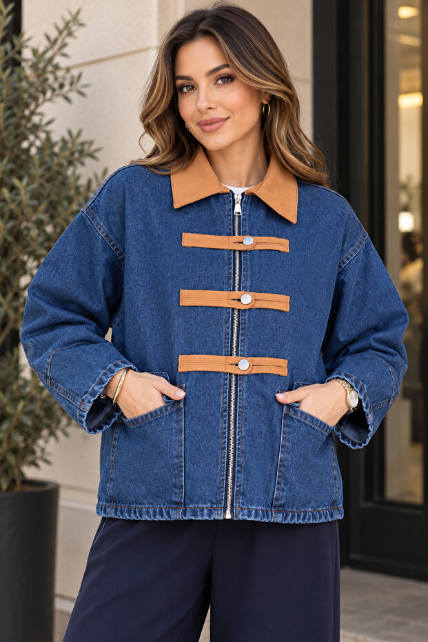 Women's Contrast Collar Detailed Oversize Zippered Denim Jacket Sb0061
