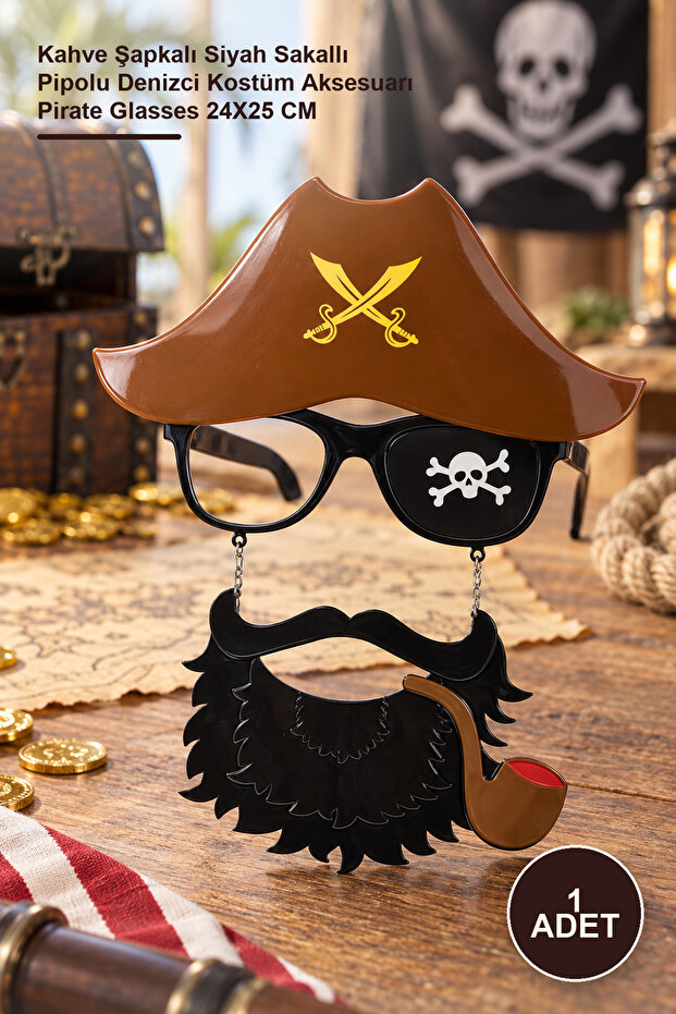 1 Piece Jack Sparrow Pirate Glasses – Black Bearded Pirate with Coffee Hat and Pipe Sailor Costume Accessory Pirate Glasses 24X25 cm