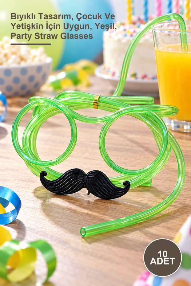 10 Pieces Party Glasses with Straws – Mustache Design, Suitable for Children and Adults, Green, Party Straw Glasses