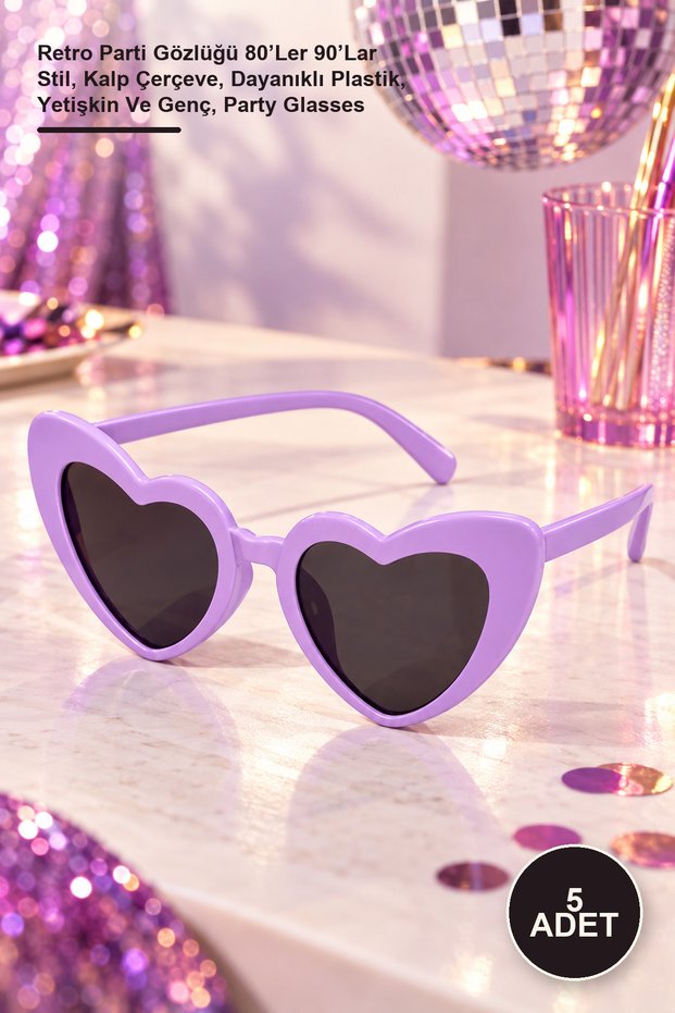 5Pcs Purple Lilac Retro Heart Glasses – Retro Party Glasses 80S 90S Style, Heart Frame, Durable Plastic, Adult and Teen, Party Glasses