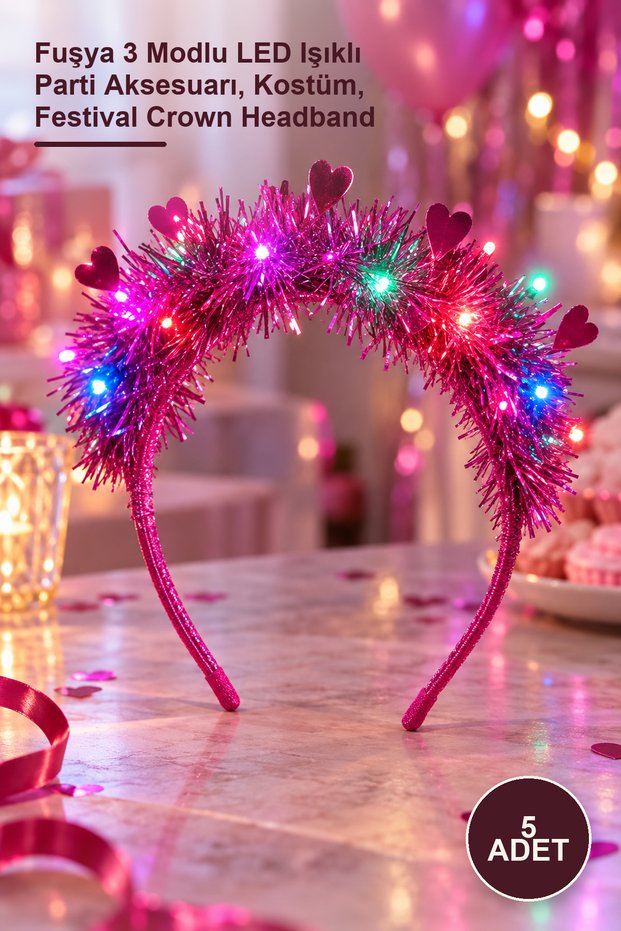 5Pcs Heart Tassel Light up Crown – Fuchsia 3-Mode Led Light-Up Party Accessory, Costume, Festival Crown Headband