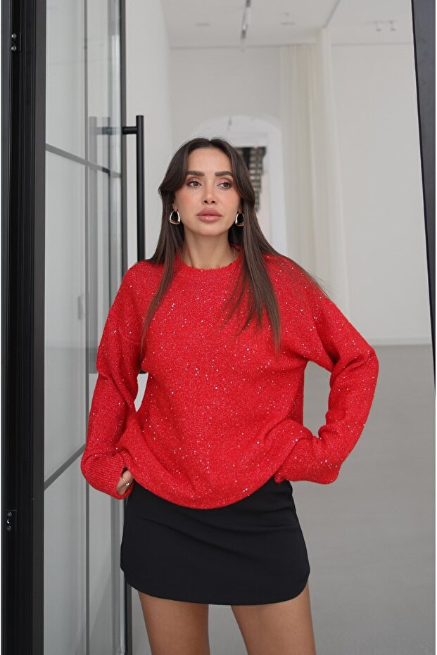 Red Crew Neck Sequin Sweater