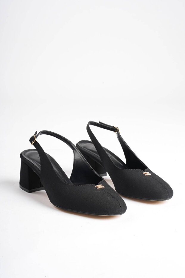 Women's Thick Heeled Shoes with Open Back, Round Toe, Stitched in the Middle, Accessory Detail B01