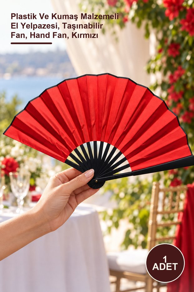 1 Piece Fan – Hand Fan Made of Plastic and Fabric Material, Portable Fan, Hand Fan, Red