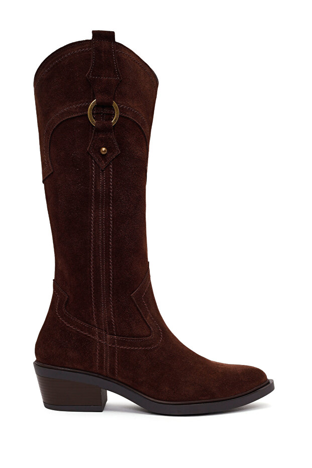 Women's Brown Short Thick Heeled Suede Leather Cowboy Boots Af190037Ds